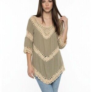 John Fashion Women’s Macrame Crochet Tunic Top Green XL Boho Festival Beachy